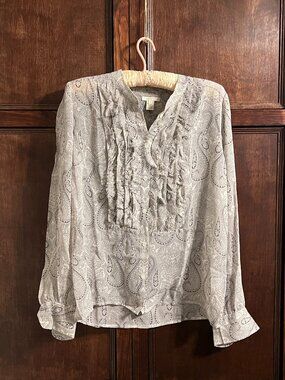 J CREW RAW EDGE RUFFLED TUXEUDO 100% SILK BLOUSE BUTTON DOWN